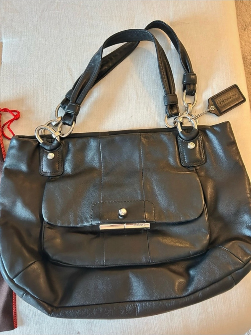 Coach Black Leather Shoulder Tote with Front Pocket